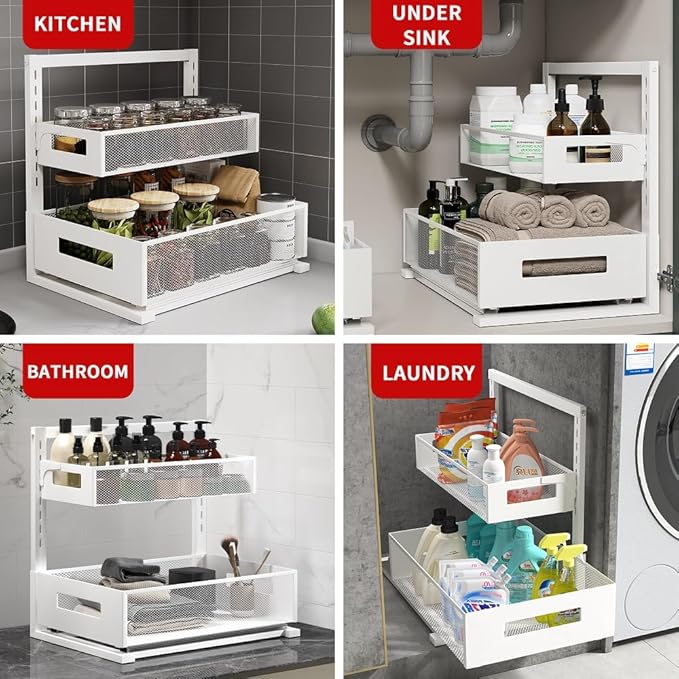Under Sink Organizer Adjustable Height 2 Tier Bathroom Organizer Pull Out Cabinet Organer kitchen organizers and storage fridge organizers and storage,White,XL-1 Pack