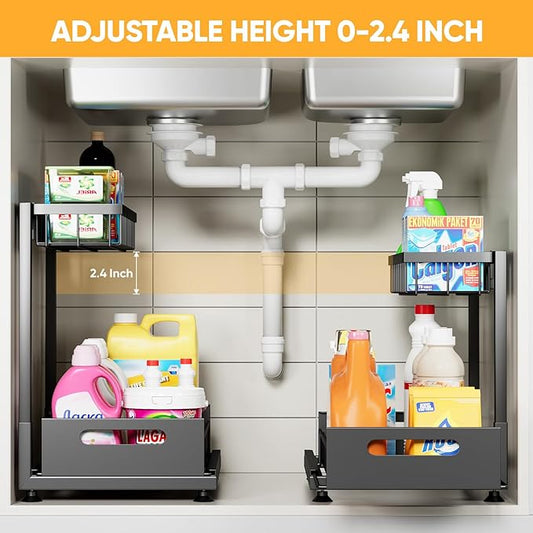 Under Sink Organizer Storage 2-Tier Premium Metal Pull-Out Racks, Height Adjustable, Easy Installation | Kitchen & Bathroom Organizers Pack of 1