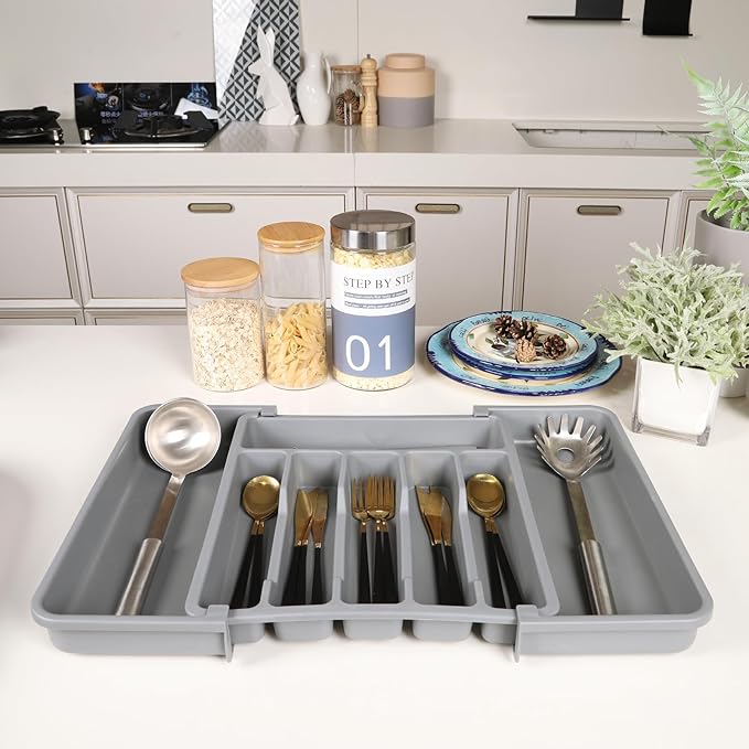 Houseware Expandable Kitchen Drawer Flatware Organizer,Silverware Organizer Utensil Drawer Cutlery Tray, Grey