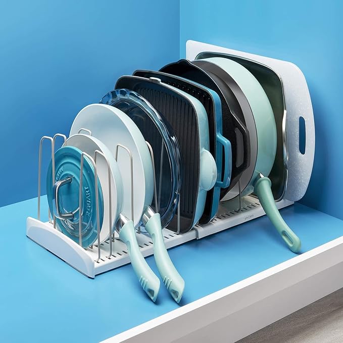 YouCopia StoreMore Expandable Cookware Rack, Adjustable Pan Organizer for Kitchen Cabinet Storage, White