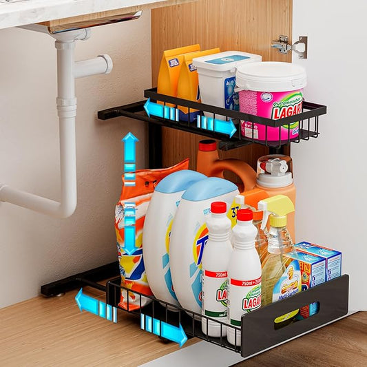 ADBIU Under Sink Organizer(10 Seconds Installation), 1 Pack 2 Tier Expandable Height (11" - 16") Under-Sink Organizers Slide out Pull out Organizer Shelf…
