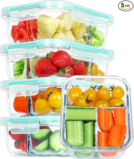 BAYZZ 5 Pack 35 Oz Glass Meal Prep Containers 3 Compartments, Glass Food Storage Containers with Lids, Airtight Bento Box Lunch Container-Microwave, Freezer, Dishwasher Safe,Green