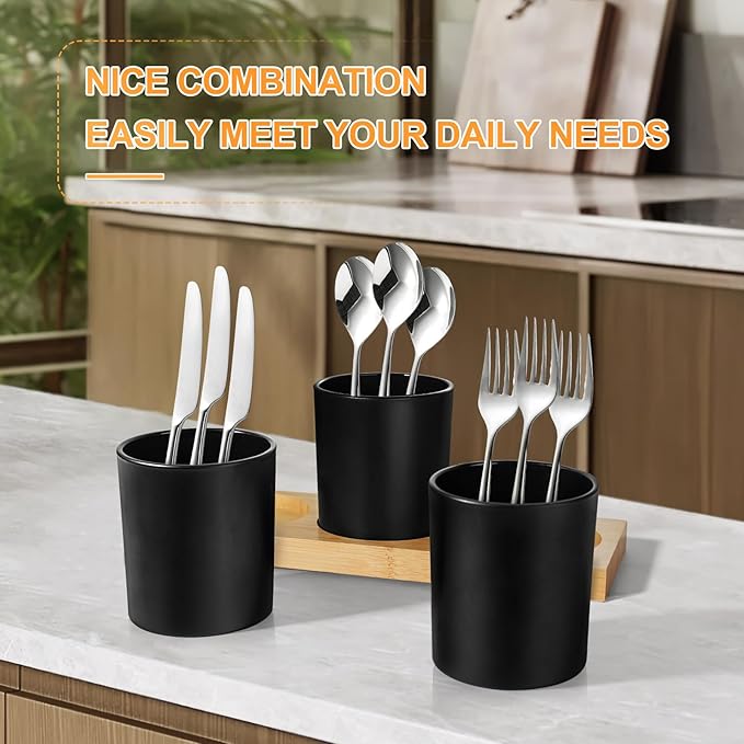 Silverware Organizer Countertop, 4 Pieces Utensil Holder for Kitchen Counter, Silverware Caddy for Party with Bamboo Tray, Farmhouse Black Utensil Holder Storage Organizer