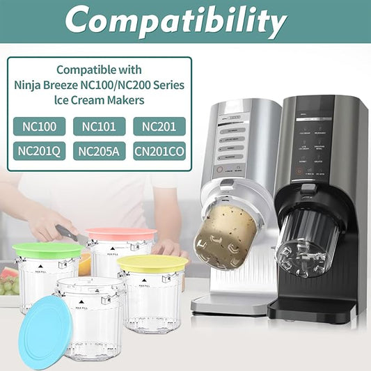 Pint Containers and Lids Replacement for Ninja Creami Breeze Ice Cream Maker - 4 Pack, 16oz Cups Compatible with NC101 NC201 NC201Q NC205A Series- BPA-Free & Dishwasher Safe