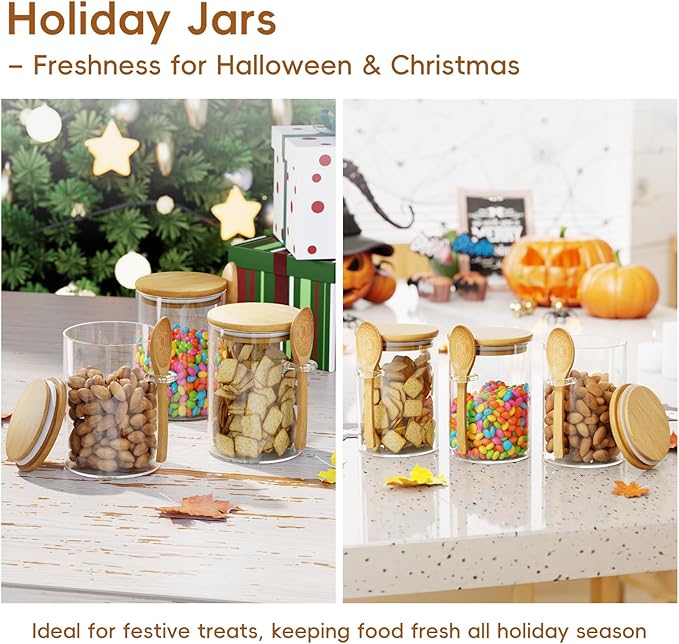 Sugar Jar Glass Salt Container,15 Ounces Clear Airtight Caning with Bamboo Lid and Spoon Scoop, Storage Overnight Oats, Salts, Coffee Bean, Spice, Creamer, Food Organizer, Pack of 1