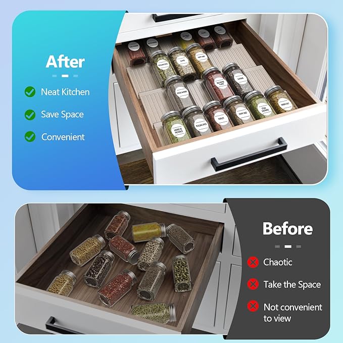 Spice Drawer Organizer, Spice Rack Drawer for Kitchen,4 Tier Clear Acrylic， Expandable From 13" to 26" Spice Rack Tray for Cabinet/Countertop(4 Pcs Clear)