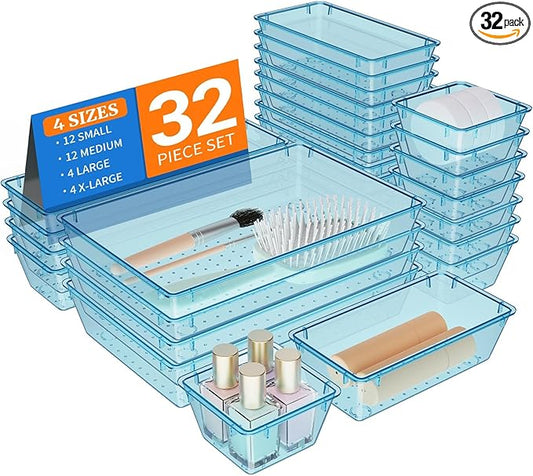 32 PCS Clear Plastic Drawer Organizer Set, 4-Size vanity organizer Trays and Storage Bins for Makeup, Jewelry and Gadgets in Bedroom, Bathroom and Office, Clear Sea Blue