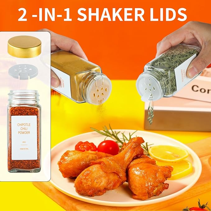 Gold Spice Jars with Label，4oz Seasoning Containers, Glass Spice Bottles with Shaker Lids,Funnel, Chalk Pen for Cabinet，Drawer，Rack (36)