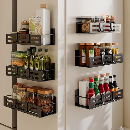6 Pack Magnetic Spice Rack for Refrigerator Set, Black Magnetic Shelf and Fridge Kitchen Cabinet Organizers Storage Seasoning Organization Mini Shelves.
