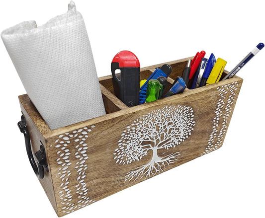 VANIYA CRAFTSR® Handmade Wooden Carved Design Compartments Cutlery Utensil Holder For Napkins, Spoons, Forks, Tissues, Knife Natural finish (Natural White 6)