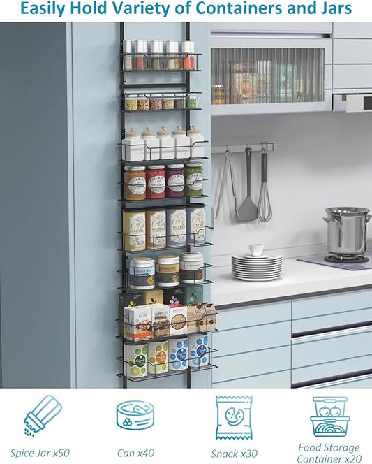 Over the Door Pantry Organizer, 8-Tier Pantry Door Organizers and Storage, Hanging Kitchen Spice Rack Organizer for Pantry Door, Easy Install, Behind Door Kitchen Storage Rack, Black