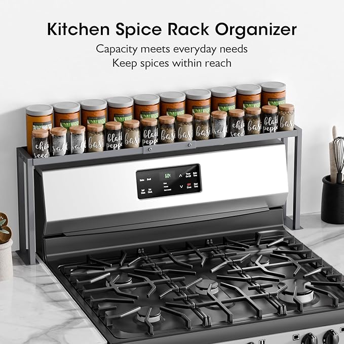 Bumusty Spice Rack Shelf for Kitchen Stove, 32" Stove Top Shelf, Stove Shelf for Back of Stove, Over the Stove Shelf, Kitchen Organizers, Oven Shelf for Top of Stove, Grey