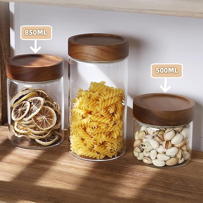 17 Fl oz/500 ml Glass Food Storage Jar, Small Clear Glass Container Jar with Airtight Wooden Screw Lid, Kitchen Canisters for Coffee,Tea,Pasta,Cookies, Nuts,Spice,Candy,Overnight Oatmeal