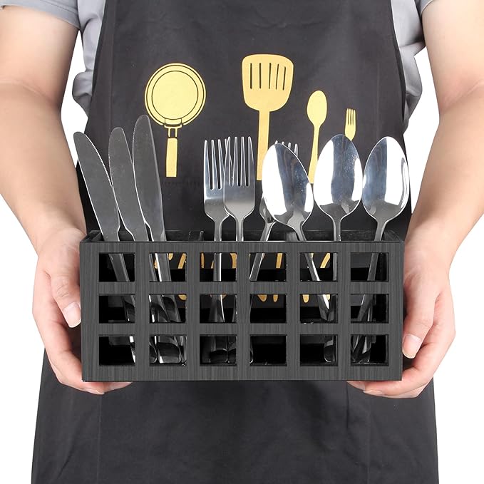 Farmhouse Wooden Silverware Utensil Caddy Cutlery Holder Utensil Holder Organizer for Kitchen Countertop Party Table Fork and Spoon Holders Storage Wood Silverware Basket Picnic Flatware Caddy