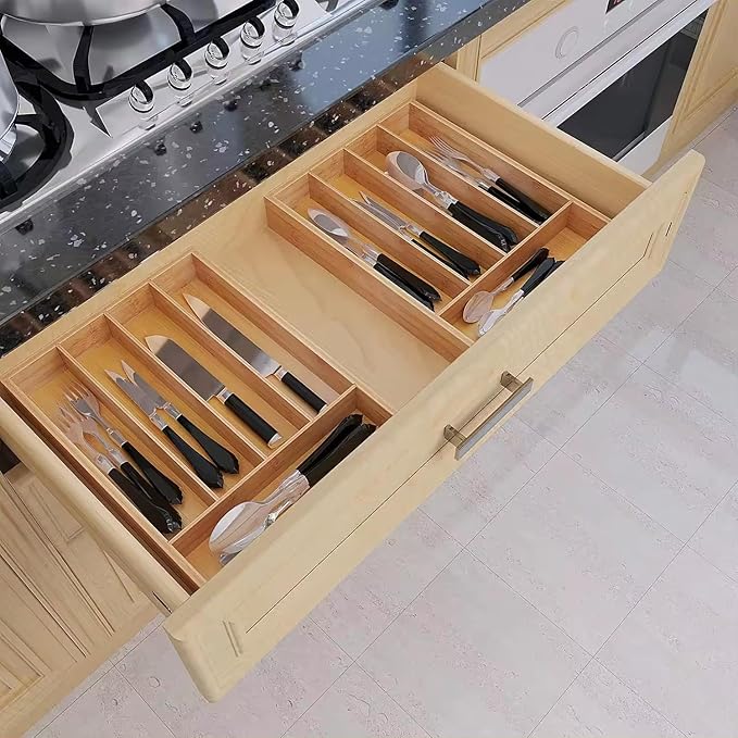 Bamboo Cutlery Drawer Organizer, Kitchen Utensil Organizer with Dividers for Flatware, Silverware Knives in Kitchen, Bedroom, Living Room (5 Slots)