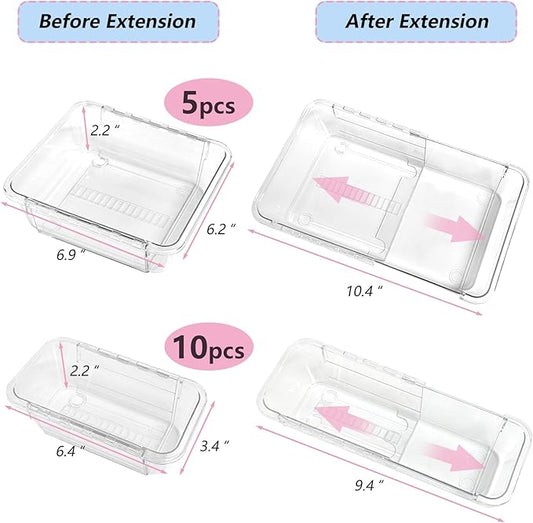 15 Pcs Clear Extendable Drawer Organizer,Adjustable Vanity Storage Box, 2-Size Desk Drawer Organizer, Acrylic Storage Bin for Makeup, Cosmetic,Desk Organizer Gadgets for Bathroom Bedroom Kitchen
