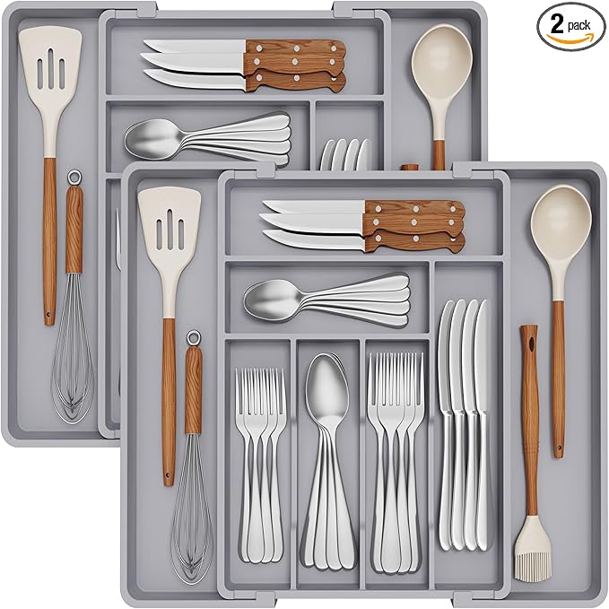 Lifewit Expandable Silverware Drawer Organizer, 22.4 x 16.7 x 2 inches, Adjustable Utensil Cutlery Tray for kitchen, Plastic Flatware Spoon Fork Knives Holder Storage Divider,2 Pack, Gray