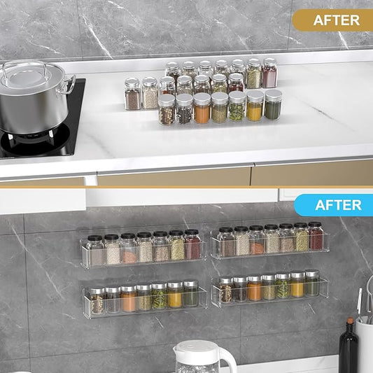 PMMASTO Adhesive Acrylic Spice Rack Organizer for Wall with 2 Nano Double Sided Tape, Spice Shelf Organization for Kitchen Cabinet Door/Pantry Door, Wall Mount Seasoning Rack (Clear-4 Pack)