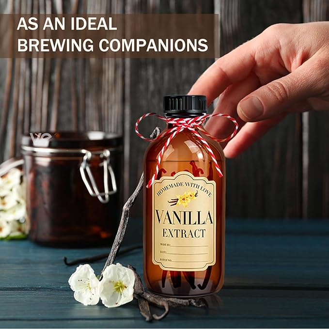 16Pcs 8 oz Amber Glass Bottle Boston Round Bottles for Vanilla Extract Homemade,Brown Vanilla Extract Bottles with Caps for Syrup Gift Glass Food Storage Canister and Sauce Beans