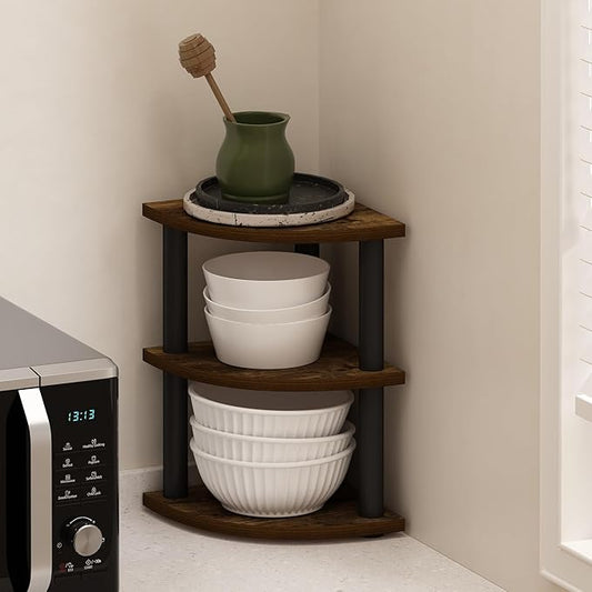 Furinno Turn-N-Tube 3-Tier Corner Countertop Organizer Shelf, Amber Pine/Black