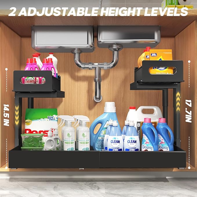 1 Pack Expandable Under Sink Organizers And Storage With Upgrade Ball-Bearing Slide Tracks,2-Tier Pull Out Under Cabinet Organizer Height Adjustable,Slide Out Under Sink Drawers-Black(Patent Pending)