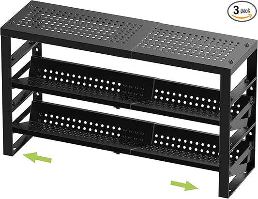 Expandable, Stackable, Adjustable Spice Rack Kitchen Organizer,Metal Pantry Storage Shelves - Multi-Tier Shelf for Cabinet, Countertop, Pantries, Cupboard or Wall Mount,Black