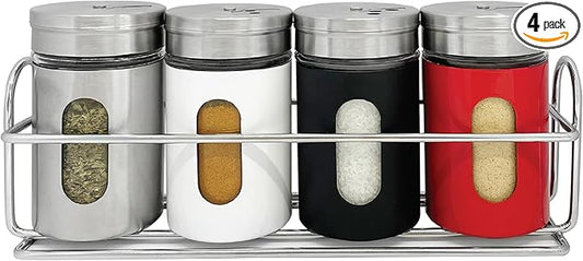 4 Pcs Stainless Steel Spice Seasoning Container Jars with Storage Rack, Perfect for Storing Spices, Salt, Pepper, Sugar and Dry Ingredients