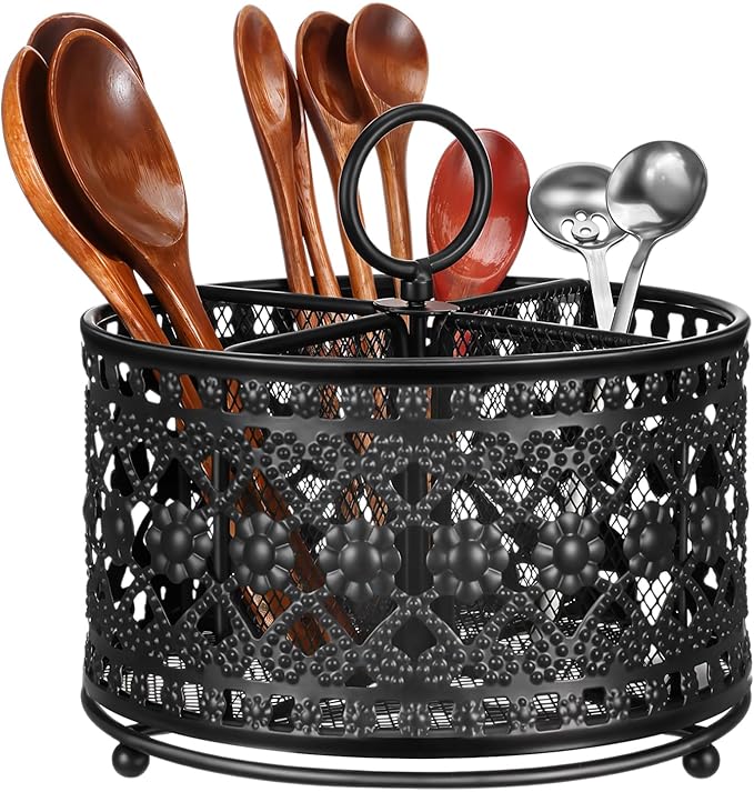 360° Rotating Utensil Caddy Countertop - Cutlery Silverware Caddy Holder with 4 Compartment - Higher Raised Flatware Organizer with Handle for Party Kitchen Counter Office Black
