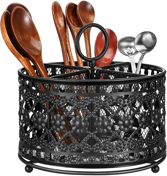 360° Rotating Utensil Caddy Countertop - Cutlery Silverware Caddy Holder with 4 Compartment - Higher Raised Flatware Organizer with Handle for Party Kitchen Counter Office Black
