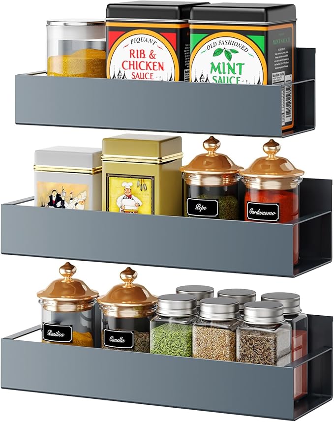3 Pack Moveable Fridge Magnetic Spice Racks,Metal Grey