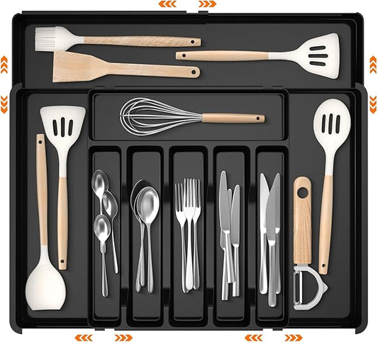 Large Silverware Drawer Organizer, Expandable Utensil Tray for Kitchen, BPA Free Adjustable Flatware and Cutlery Holder with Dividers, Storage and Organization for Spoons, Forks, Knives (6-9 Slots)