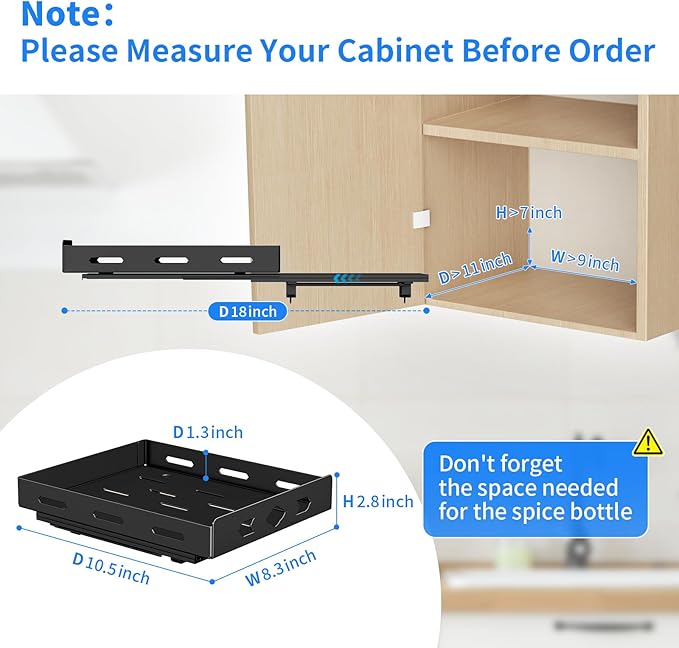 Pull Out Spice Rack Organizer for Cabinet, Heavy Duty-Slide Out Spice Rack, Vertical Spice Rack for Kitchen Cabinet and Pantry (8.4''Wx10.5''Dx2.8''H, Metal Black)