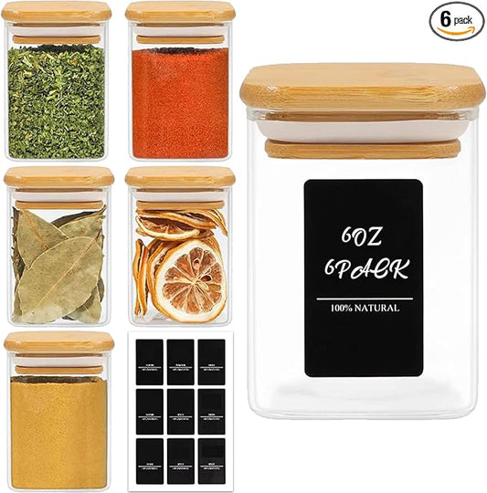 ComSaf 6Pcs 6 oz Spice Jars with Label Trial Set, Glass Spice Jars with Bamboo Lids Supplementary, Spice Container Trial Set, Perfect for Ktichen Starter
