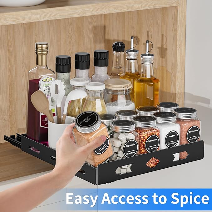 Pull Out Spice Rack Organizer for Cabinet, Heavy Duty-Slide Out Spice Rack, Vertical Spice Rack for Kitchen Cabinet and Pantry (10.5''Wx10.5''Dx2.8''H, Metal Black)