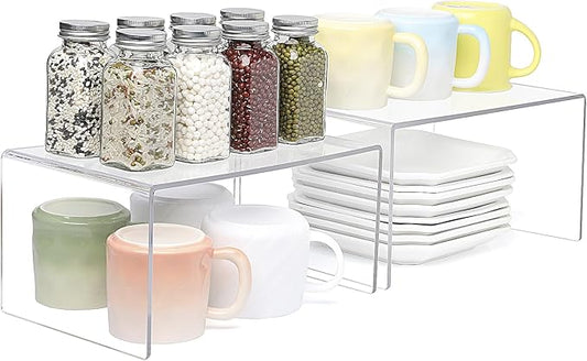 Acrylic Cabinet Organizer Shelf, 2 Pack Spice Rack Pantry Countertop Desk Organizers Display Shelves for Kitchen, Display Pantry Spice Organization for Cabinet, Plate Organizer for Cabinet Space Save