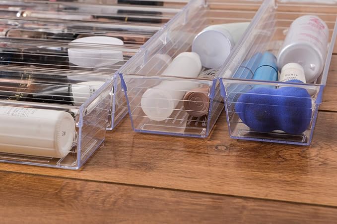 Backerysupply Clear Plastic Drawer Organizer Tray for Vanity Cabinet (12”×3”×2”，Set of 8),Storage Tray for Makeup, Kitchen Utensils, Jewelries, and Gadgets