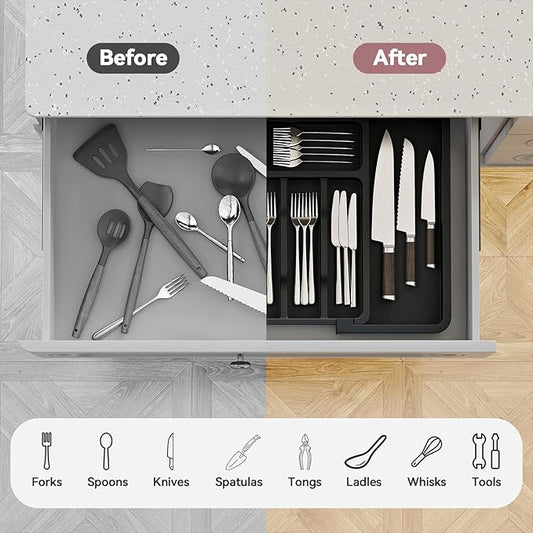 2 Pack Silverware Organizer, Expandable and Adjustable Kitchen Utensil Drawer Organizer, Plastic Cutlery Holder with Multiple Compartments,Cutlery Holder,for Spoons Forks Knives,Black,UAFD012B