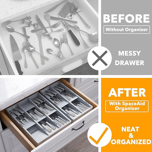 SpaceAid Bamboo Silverware Drawer Organizer with Labels, Kitchen Utensil Tray Holder Organizer for Flatware, Cutlery, Spoon and Knives Drawer Storage Organization (Gray, 6 Slots)
