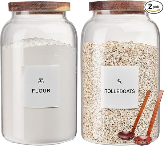 2 PCS Large Glass Jar with Airtight Wooden Lid Clear Glass Canisters with Spoon for Egg,Flour,Rice,Coffee,Cereal (2700ml × 2)