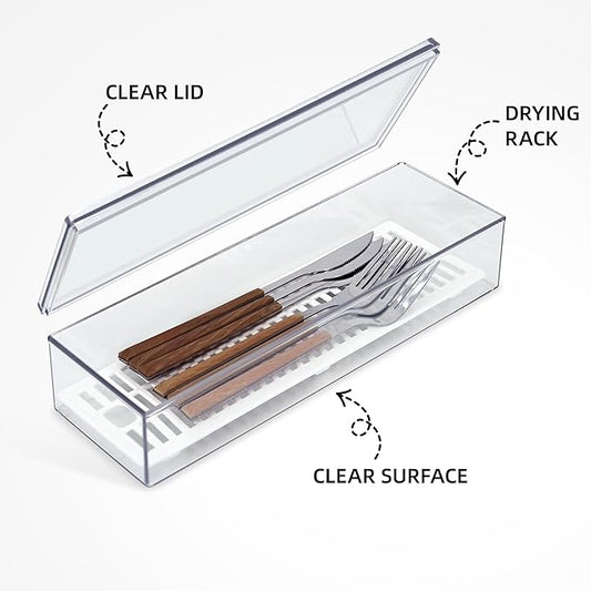 2 Pack Clear Silverware organizer with lid, Plastic Flatware Storage Box, Kitchen Drawer Organizer tray, Cutlery Utensil Holder