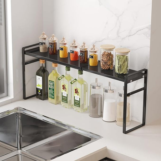 Expandable Metal Spice Organizer Shelf, Standing Small Narrow Rack for Seasonings, Adjustable Kitchen Storage Shelf Countertop (Black, L13.7-23.6''*W3.54''H7'')