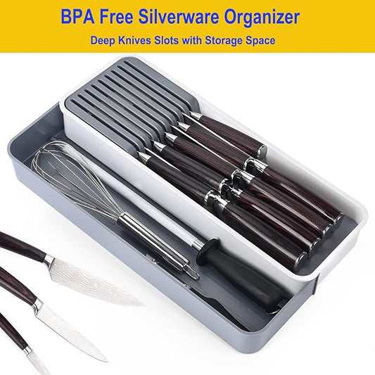 Expandable Drawer Organizers with Knife Block Knife Drawer Organizer stackable Cutlery Tray Knife Holder adjustable tray with Knife Block 9 Knives slot DIY drawer organizer(1 pack)