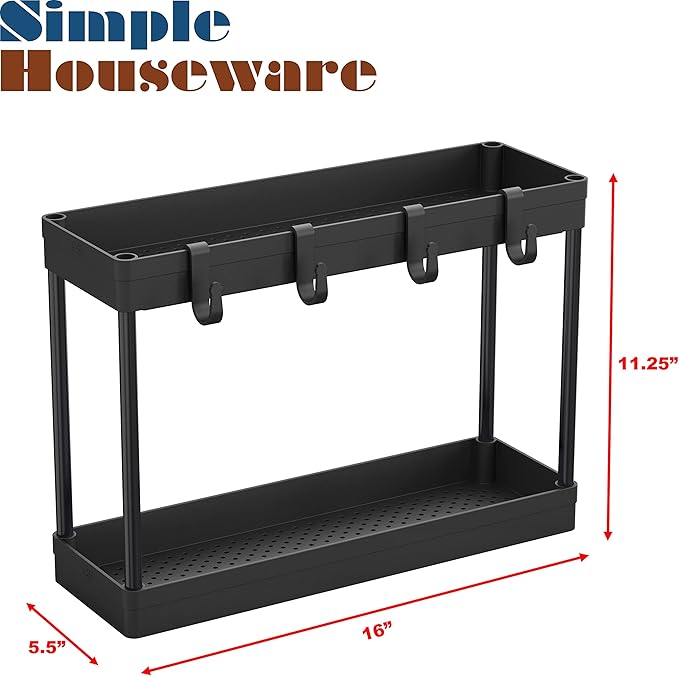 Simple Houseware 2-Tier Under Sink Organizer Storage Tray with Hooks, Black