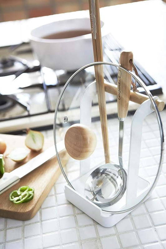 Yamazaki Home Ladle & Lid Rest - Kitchen Utensil Organizer Stand for Cooking Steel + Wood White