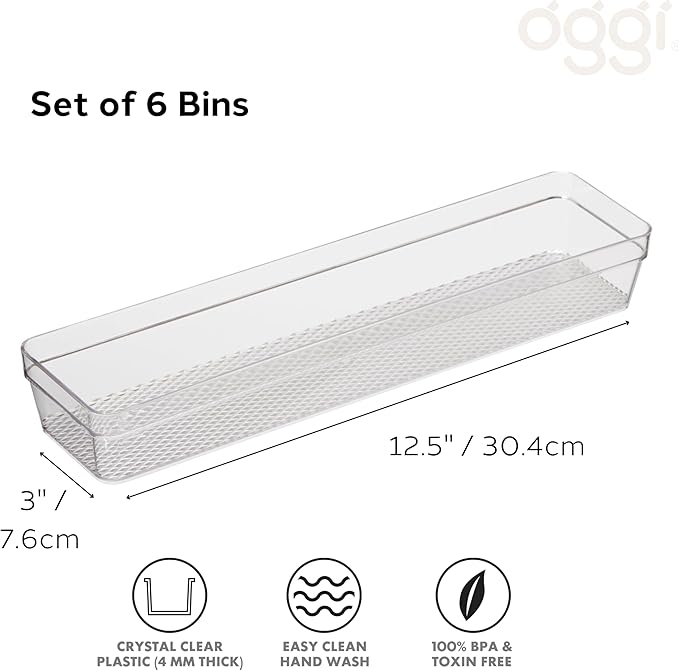 Oggi Clear Drawer Organizer - 3" X 12.5" (Set of 6) - Ideal for Organizing Kitchen Drawers, Office, Desk, Silverware, Kitchen Utensils, Cosmetics and Bathrooms