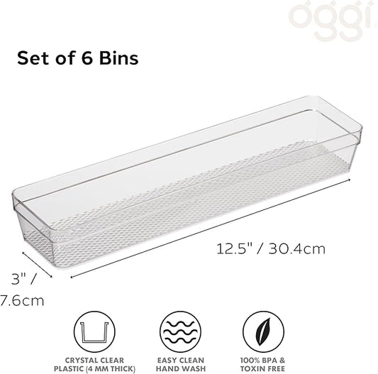 Oggi Clear Drawer Organizer - 3" X 12.5" (Set of 6) - Ideal for Organizing Kitchen Drawers, Office, Desk, Silverware, Kitchen Utensils, Cosmetics and Bathrooms