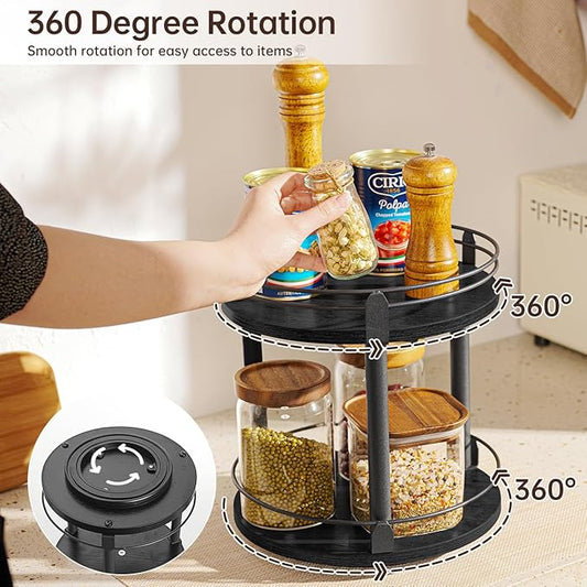 Lazy Susan Organizer, 2 tier Rotating Spice Rack, Lazy Susan 360 Degree Turntable Spice Holder Rack for Cabinet and Kitchen Countertop, Makeup Skincare Organizer Rack, Black