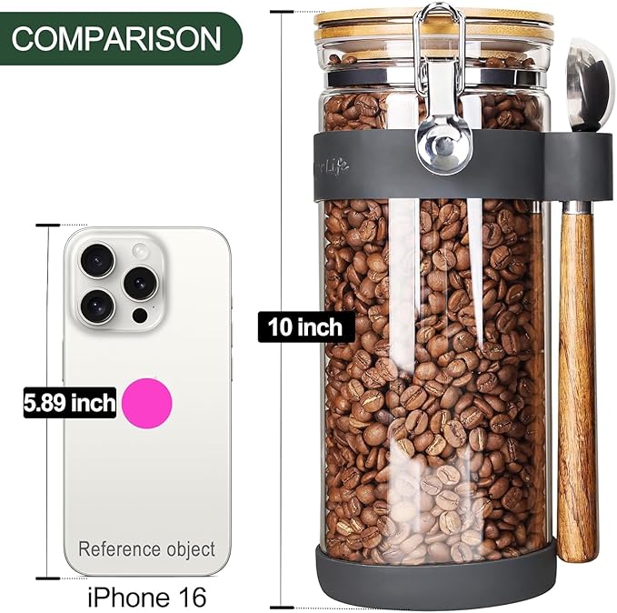 KKC HOME ACCENTS Airtight Clear Glass Coffee Bean Storage Container with Scoop,Air Tight Sealed Glass Canister with Bamboo Clamp Lid for Cereal,Loose Tea,Nut,Sugar,50 Fluid Ounce