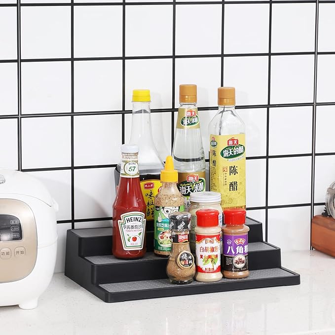 YCOCO Plastic Spice Rack 3-Tier Step Shelf Kitchen Countertop Cabinet Organizer Non Skid and Waterproof,For Spice Bottles,Jars, Seasonings,Baking Supplies,Pack of 2,Black