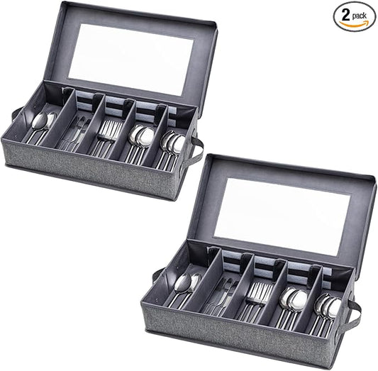Silverware Storage Box 2 Pack, Flatware Storage Case, Utensil Storage with Removable Lid and Adjustable Dividers for Organizer Utensils, Cutlery, Flatware, Knives, Large Capacity Gray